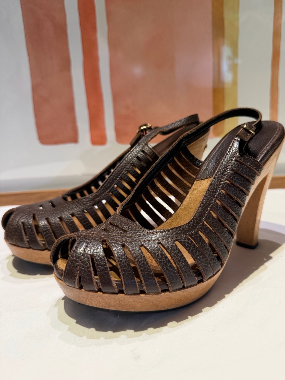Michael Kors Woven Leather Huarache Peep Toe Wood Platform Heels Sz 5.5